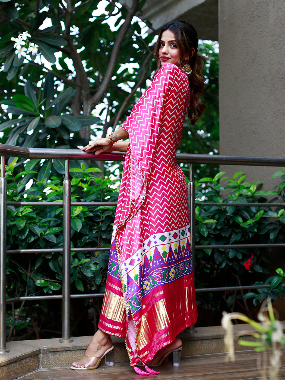 Pink white color digital print pure gaji silk kaftan