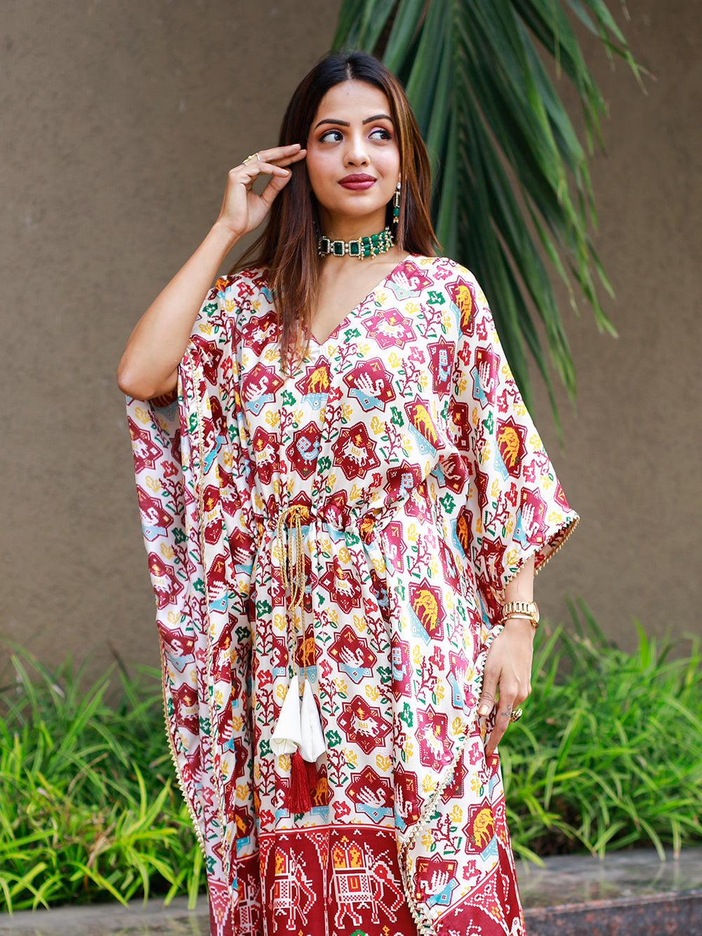 White color bandhej digital print pure gaji silk kaftan