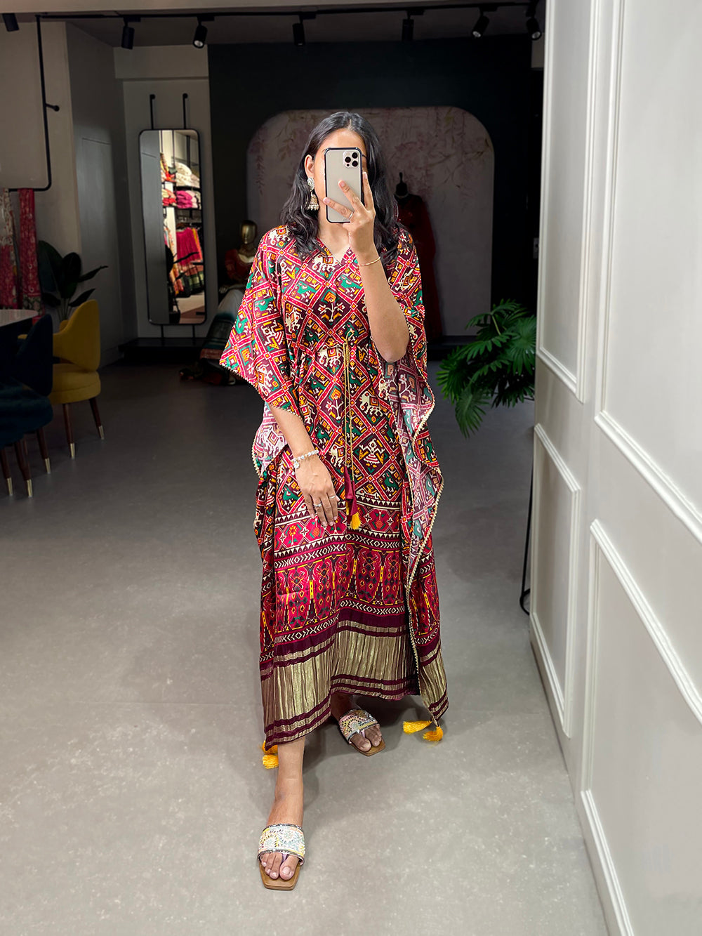 Red Color Patola Printed Gaji Silk Kaftan