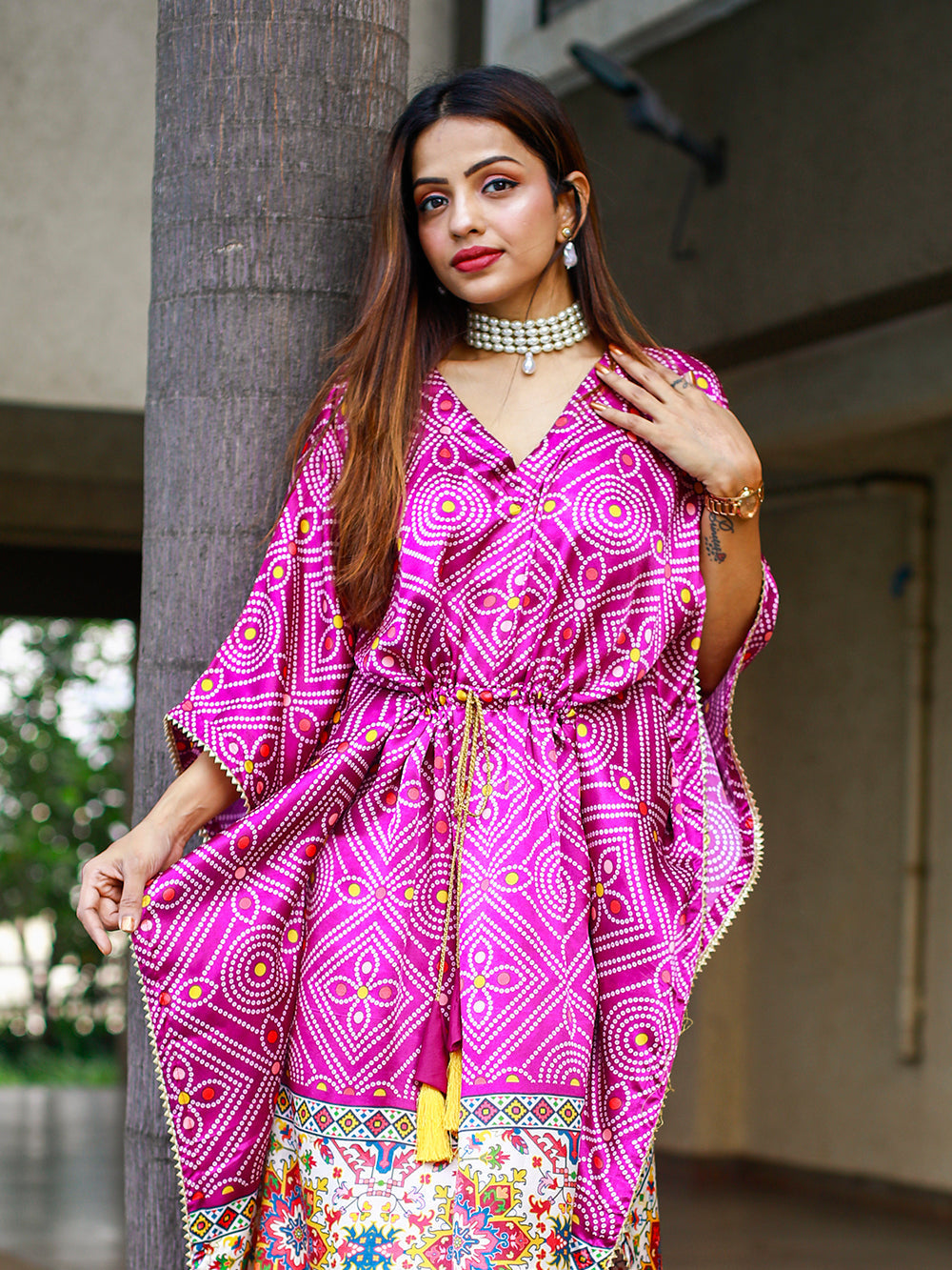 Wine Color Bandhej Digital Print Pure Gaji Silk Kaftan