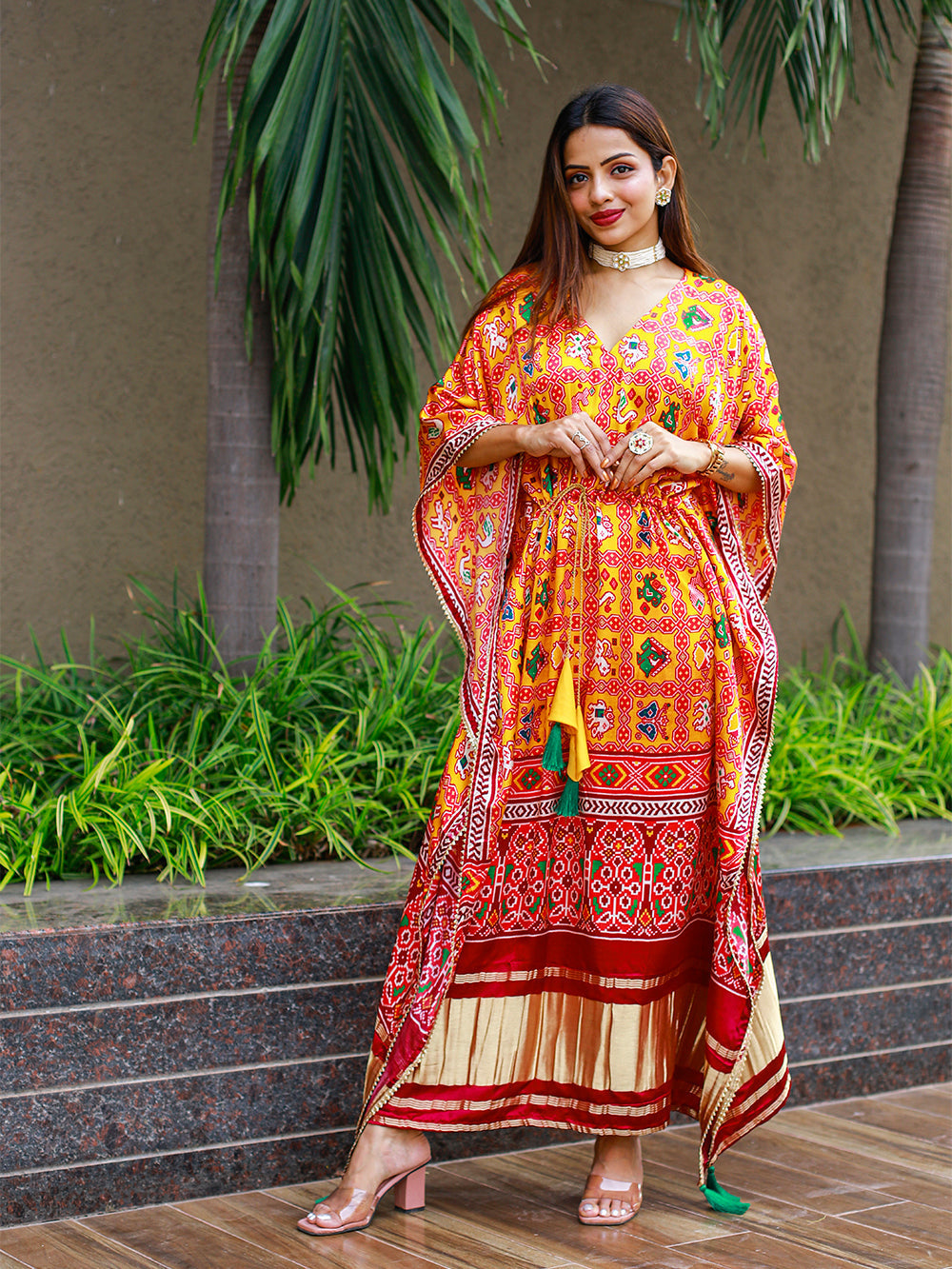 Yellow Color Bandhej Digital Print Pure Gaji Silk Kaftan