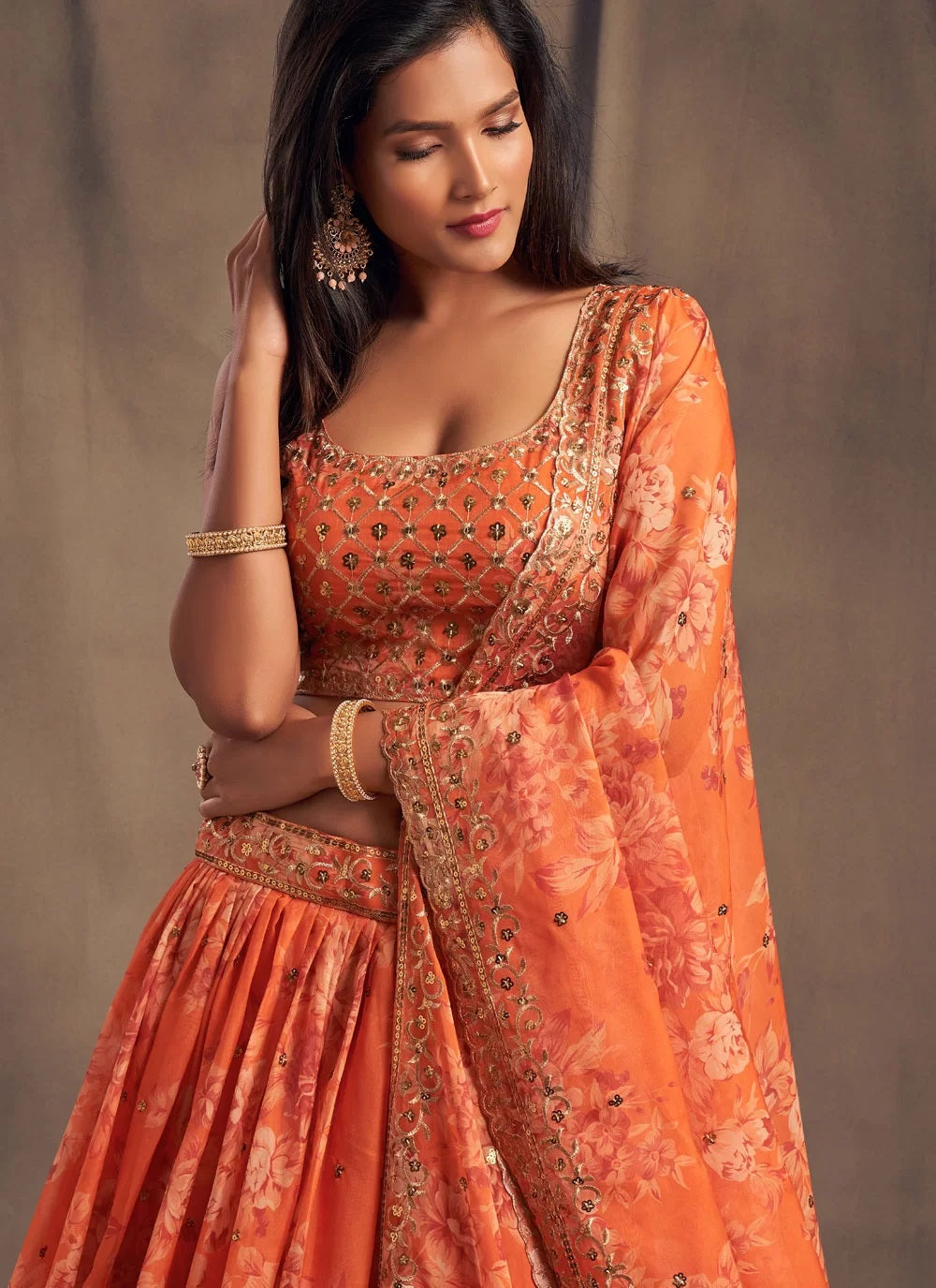 Digital printed and zari embroidered organza lehenga