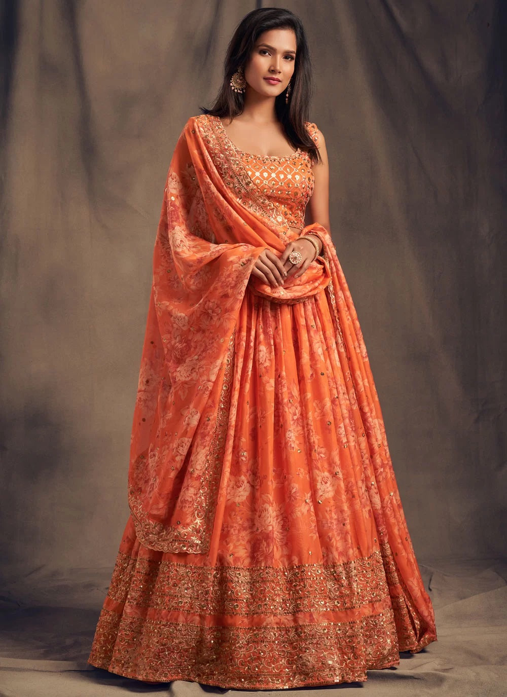 Digital printed and zari embroidered organza lehenga