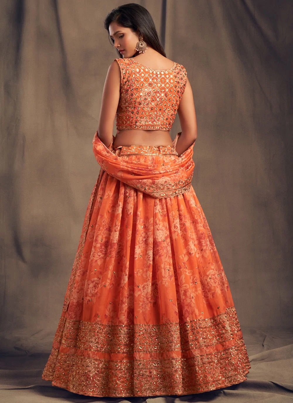 Digital printed and zari embroidered organza lehenga