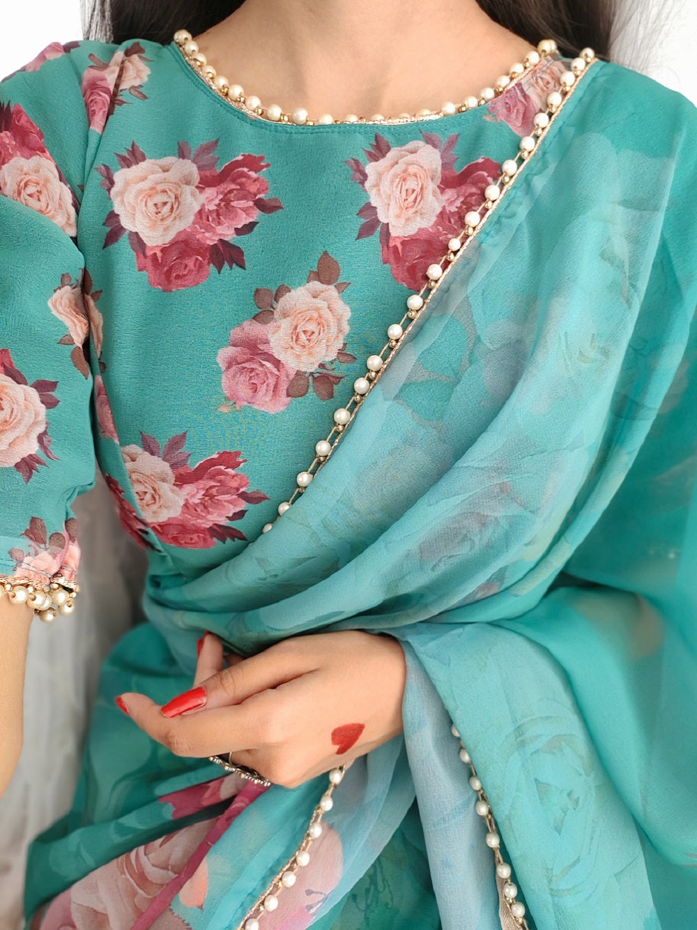 Green Color Printed With Pearl Lace Border Georgette Saree
