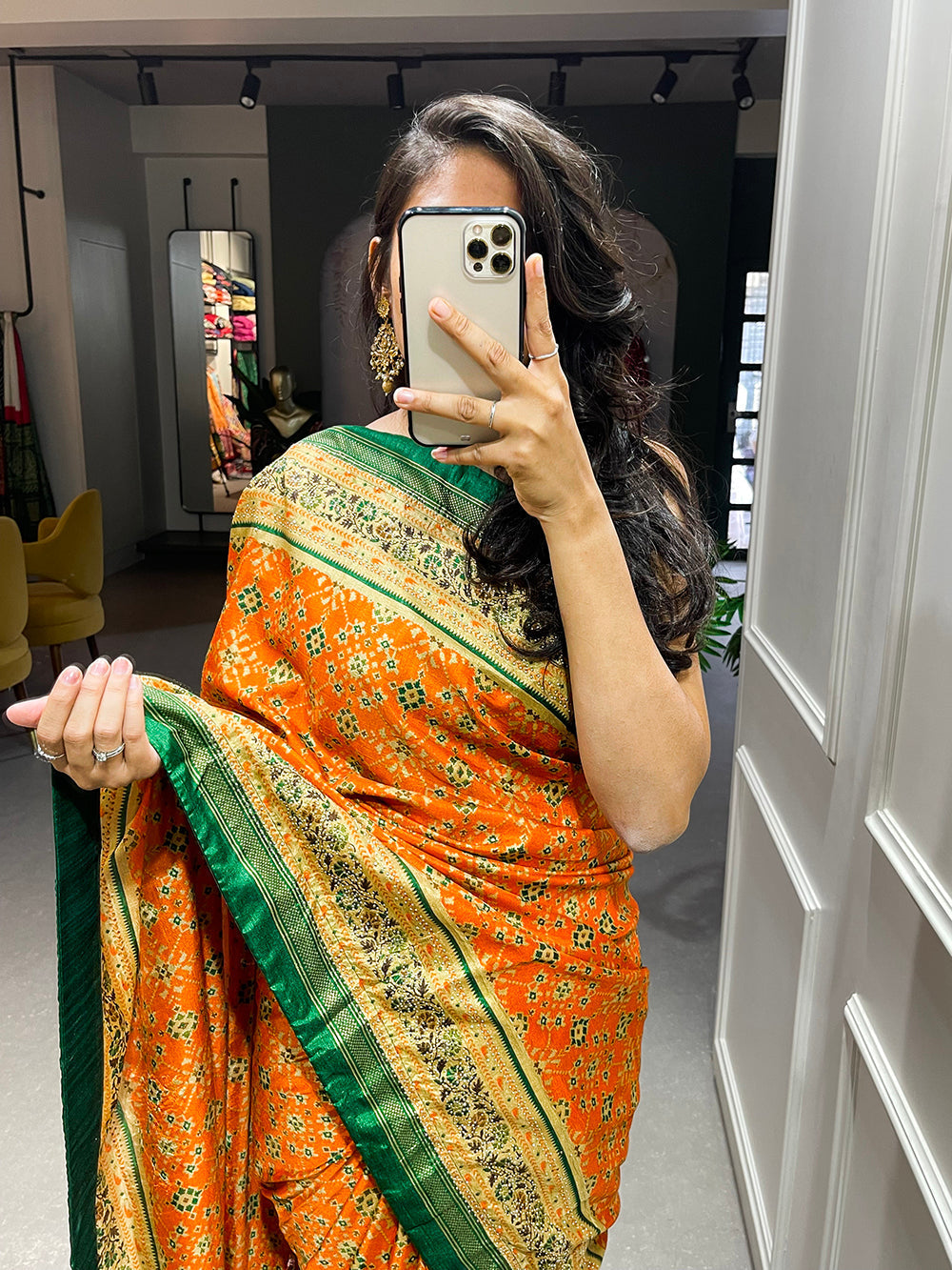 Orange Color Foil Printed And Stone Work Dola Silk Saree