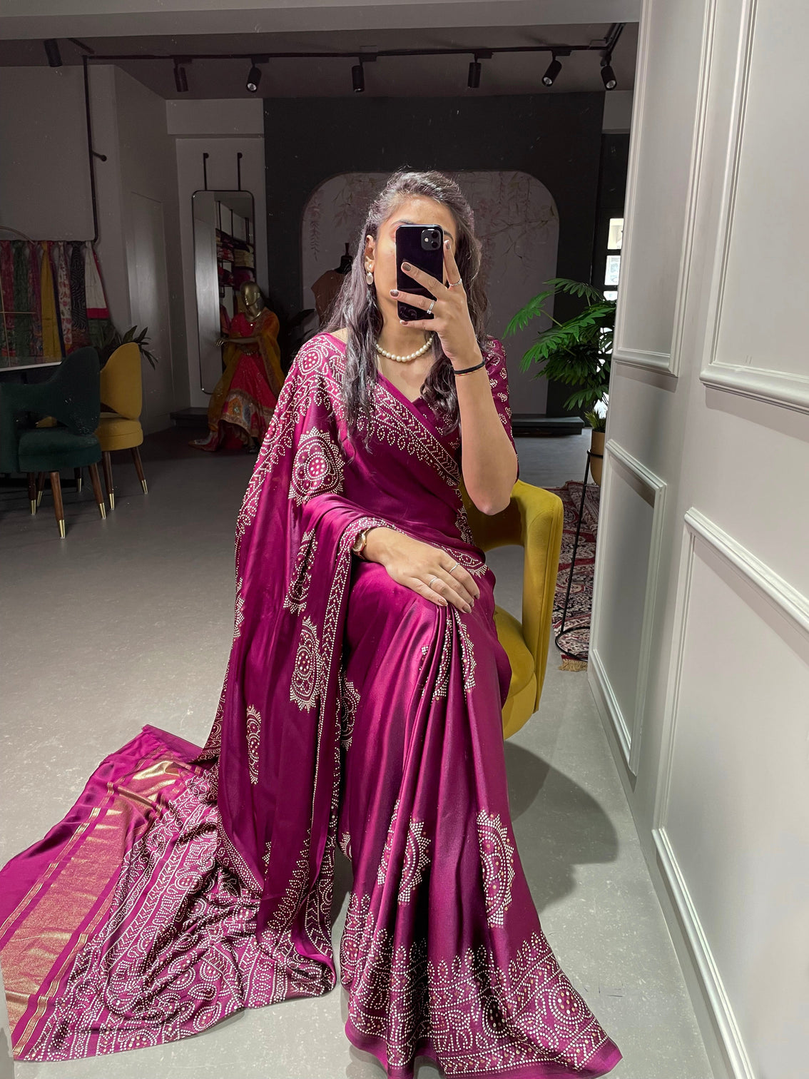 Wine Color Semi Gaji Satin Saree With Foil And Print Work