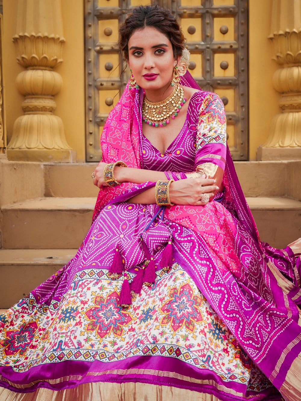 Purple Color Digital Printed gaji Silk Lehenga
