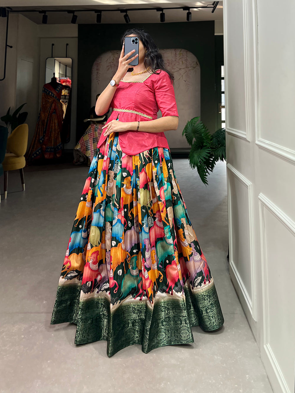 Green Color Digital Print And Zari Weaving Work Dola Silk Lehenga Choli