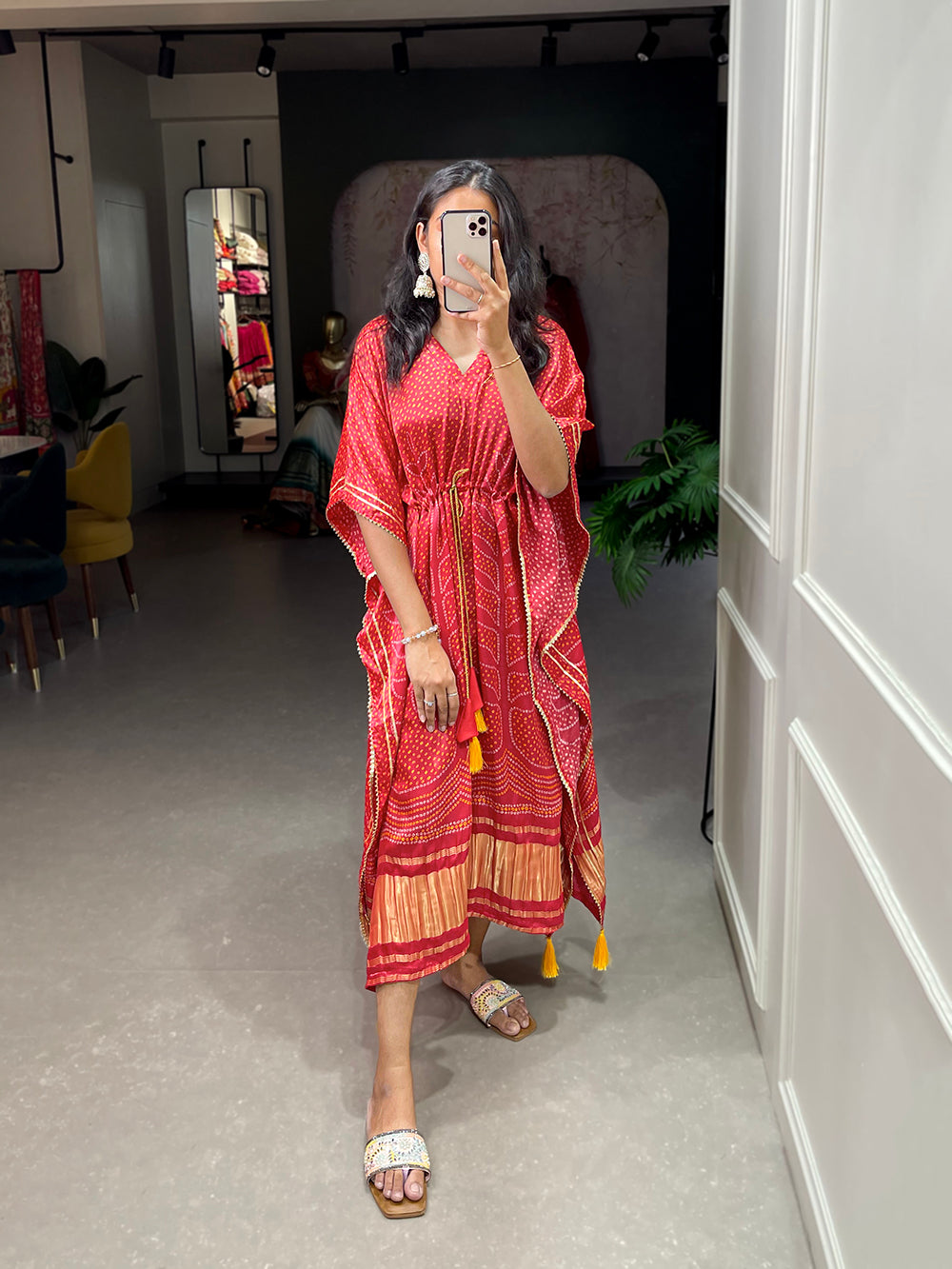 Red color digital bandhej printed gaji silk kaftan