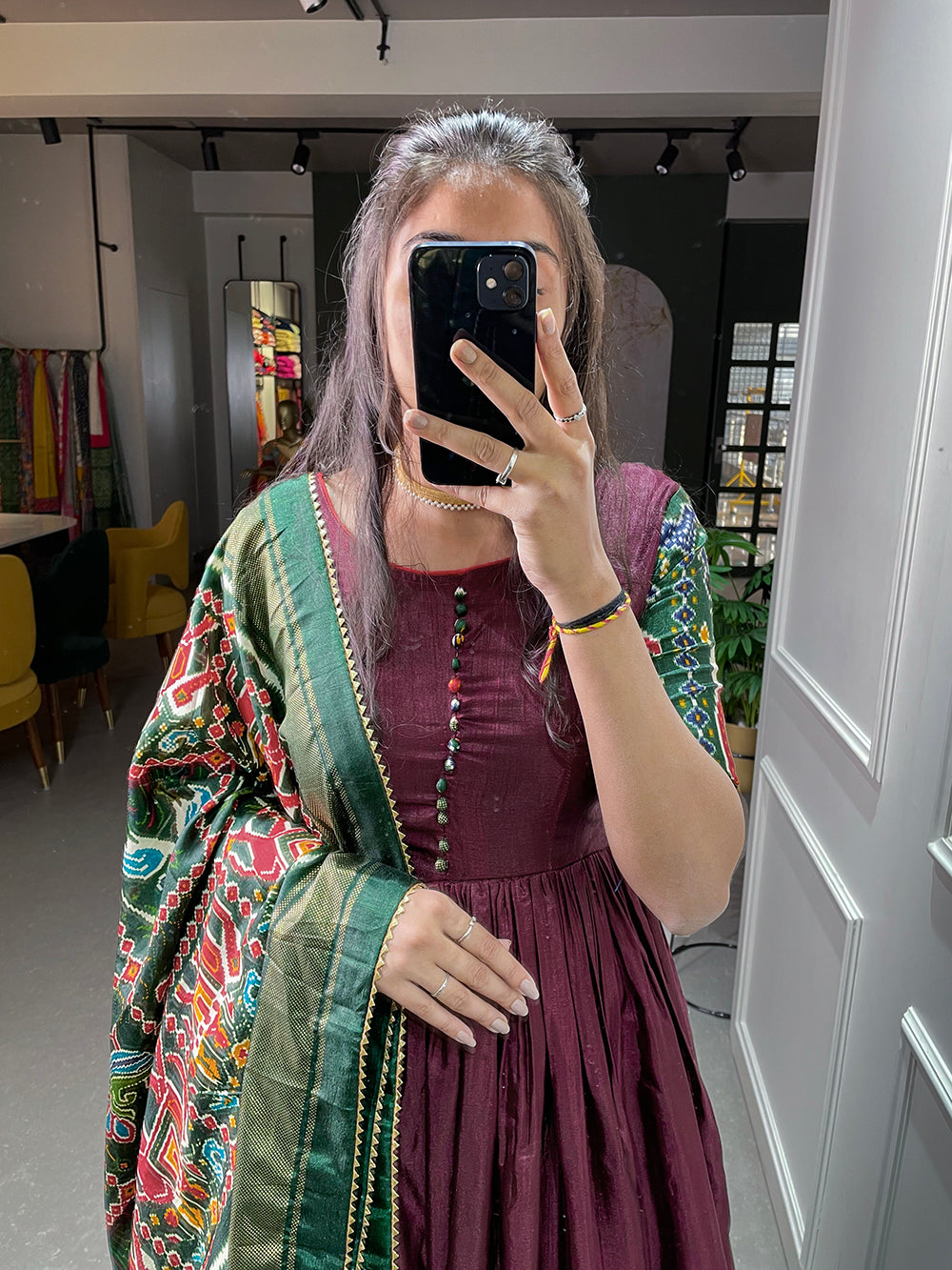 Brown Color Patola And Foil Printed Dola Silk Gown