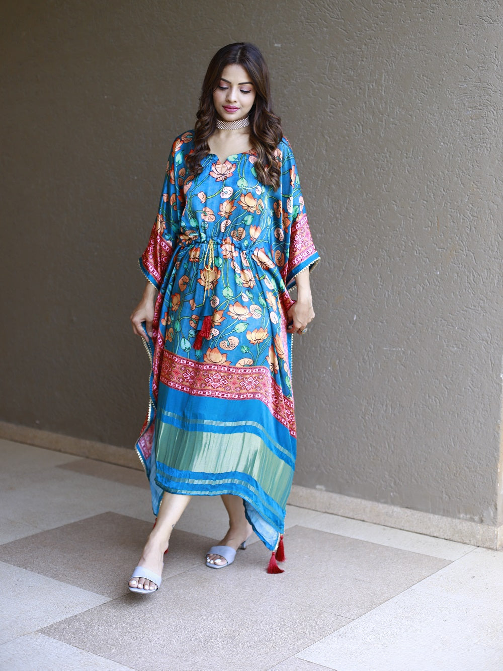 Teal color digital printed pure gaji silk kaftan dresses