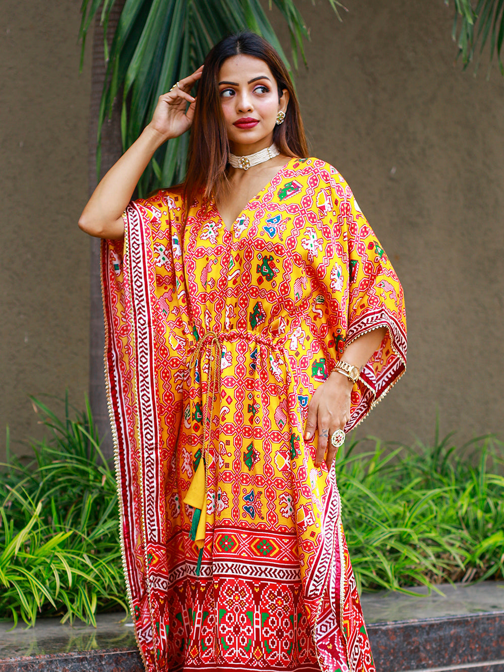Yellow Color Bandhej Digital Print Pure Gaji Silk Kaftan