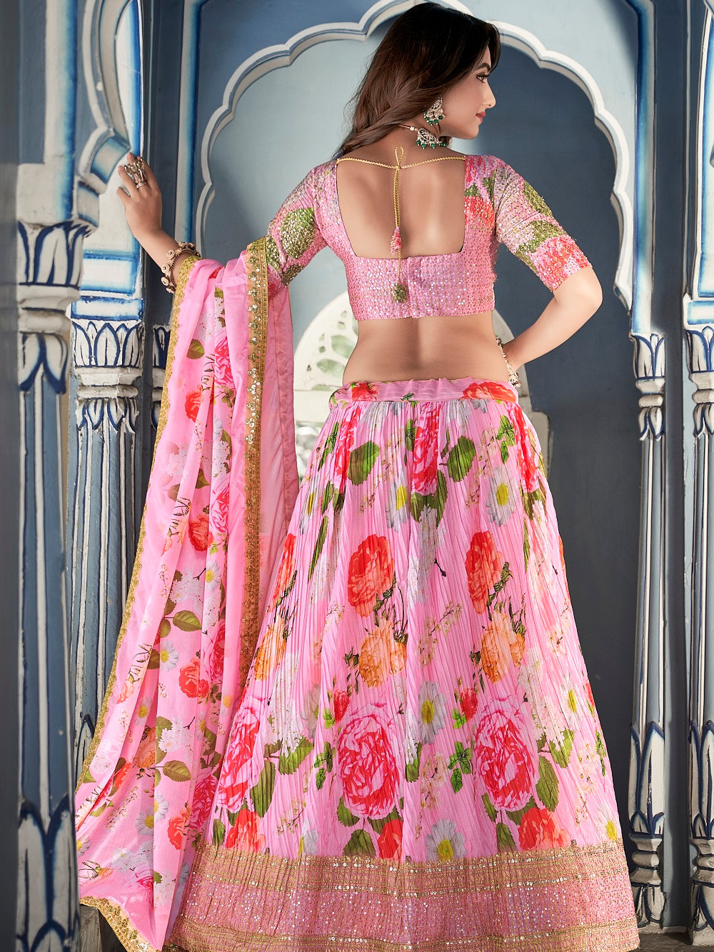 Pink Color Digital Print With Sequins Embroidery Work Crushed Chinon Lehenga Choli