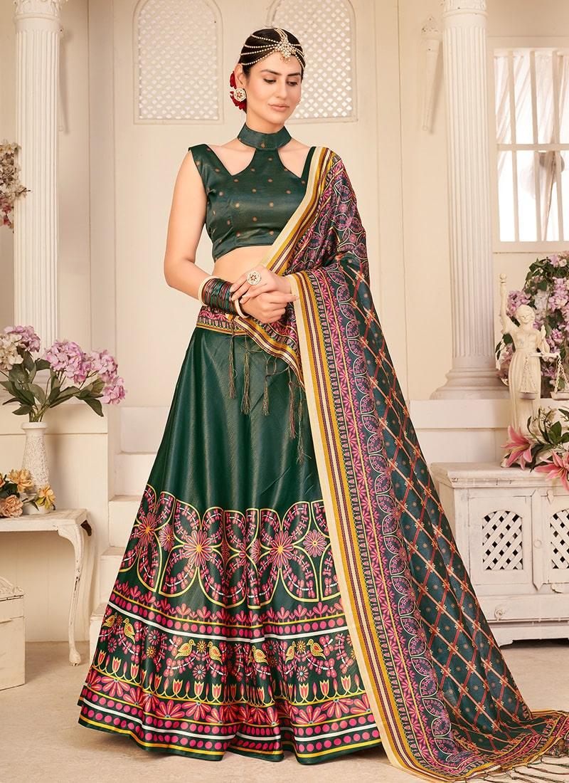 Digital Printed Sleeveless Blouse Grecian Neckline Green Lehenga Choli