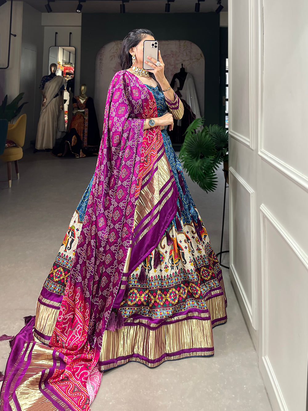 Blue Color Digital Printed With Lagadi Patta Gaji Silk Lehenga Choli