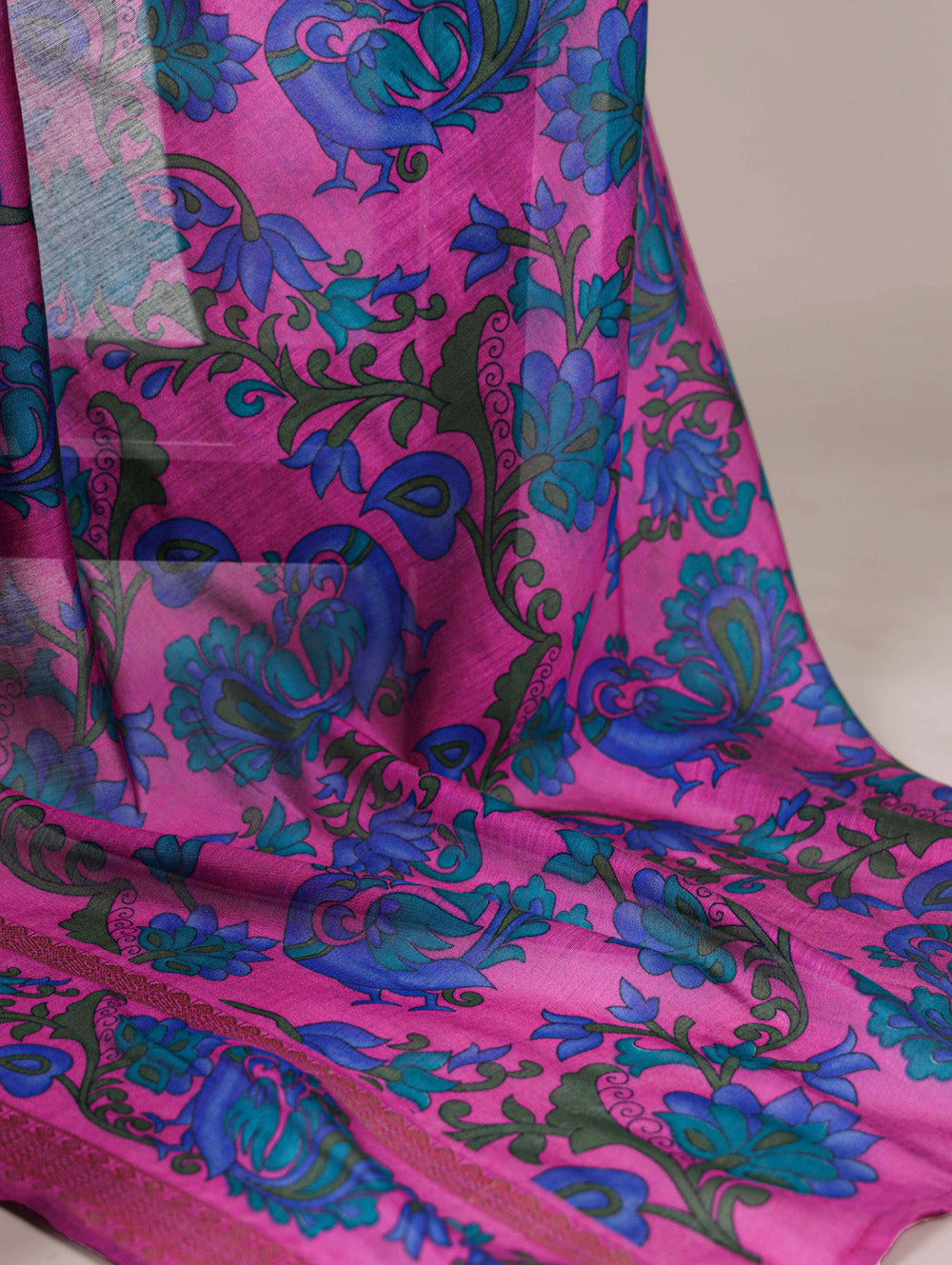 Pink printed polyester viscose chanderi saree with zari weaving border