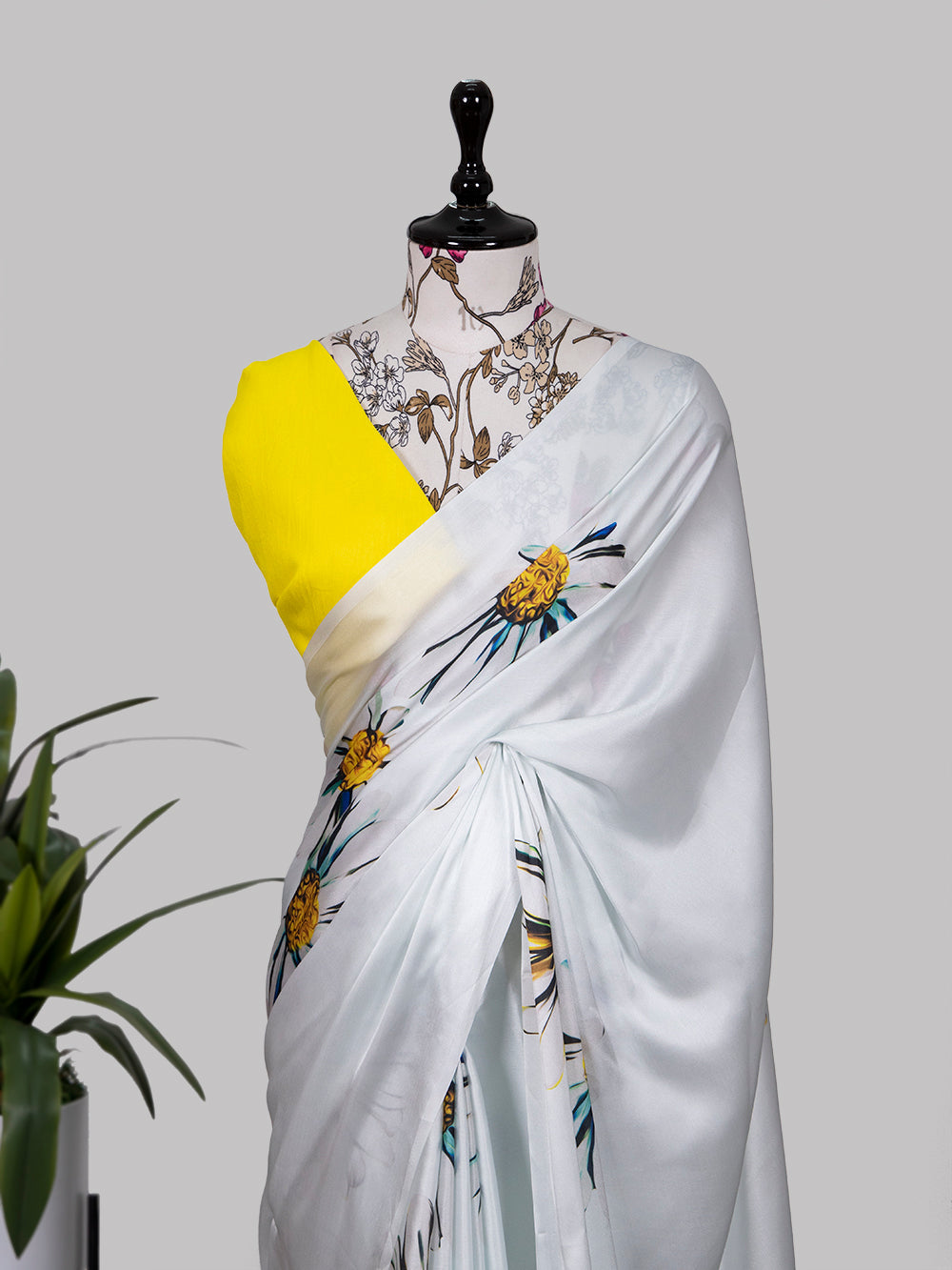 White Color Digital Printed Japan Satin Silk Saree