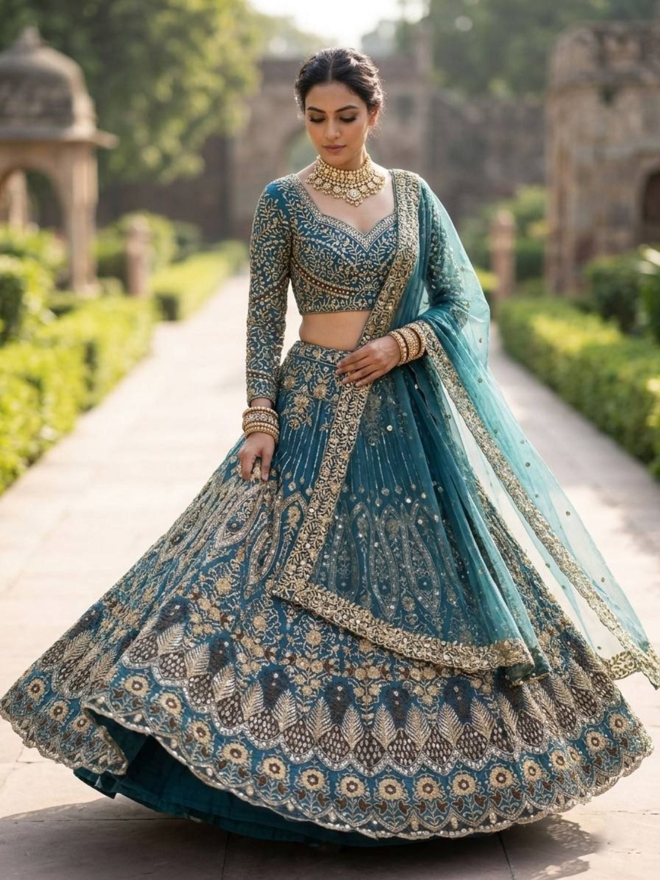 Teal Butterfly Net Lehenga with Embroidery Sequins Work