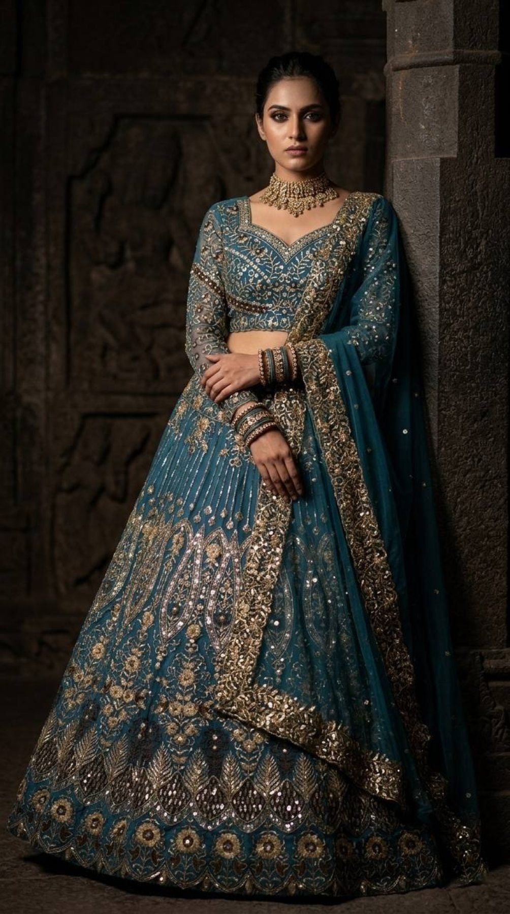 Teal Butterfly Net Lehenga with Embroidery Sequins Work