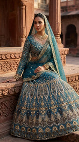 Teal Butterfly Net Lehenga with Embroidery Sequins Work