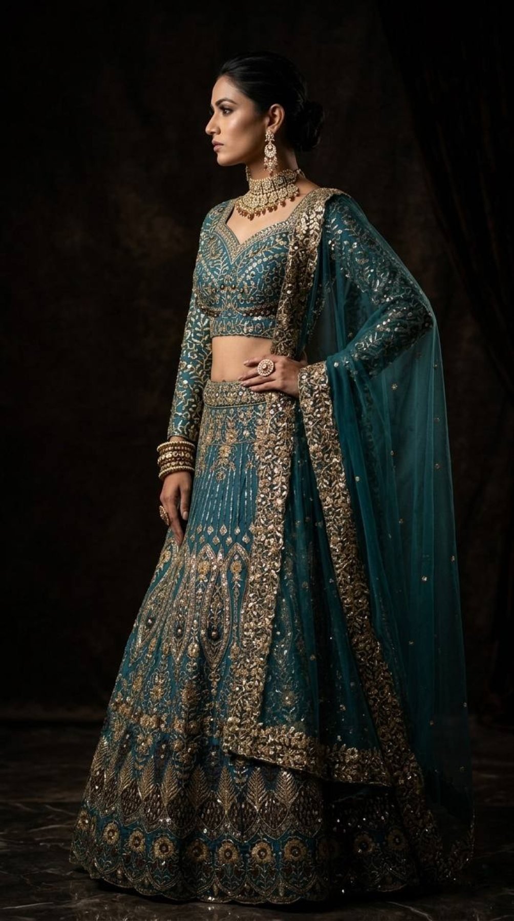 Teal Butterfly Net Lehenga with Embroidery Sequins Work