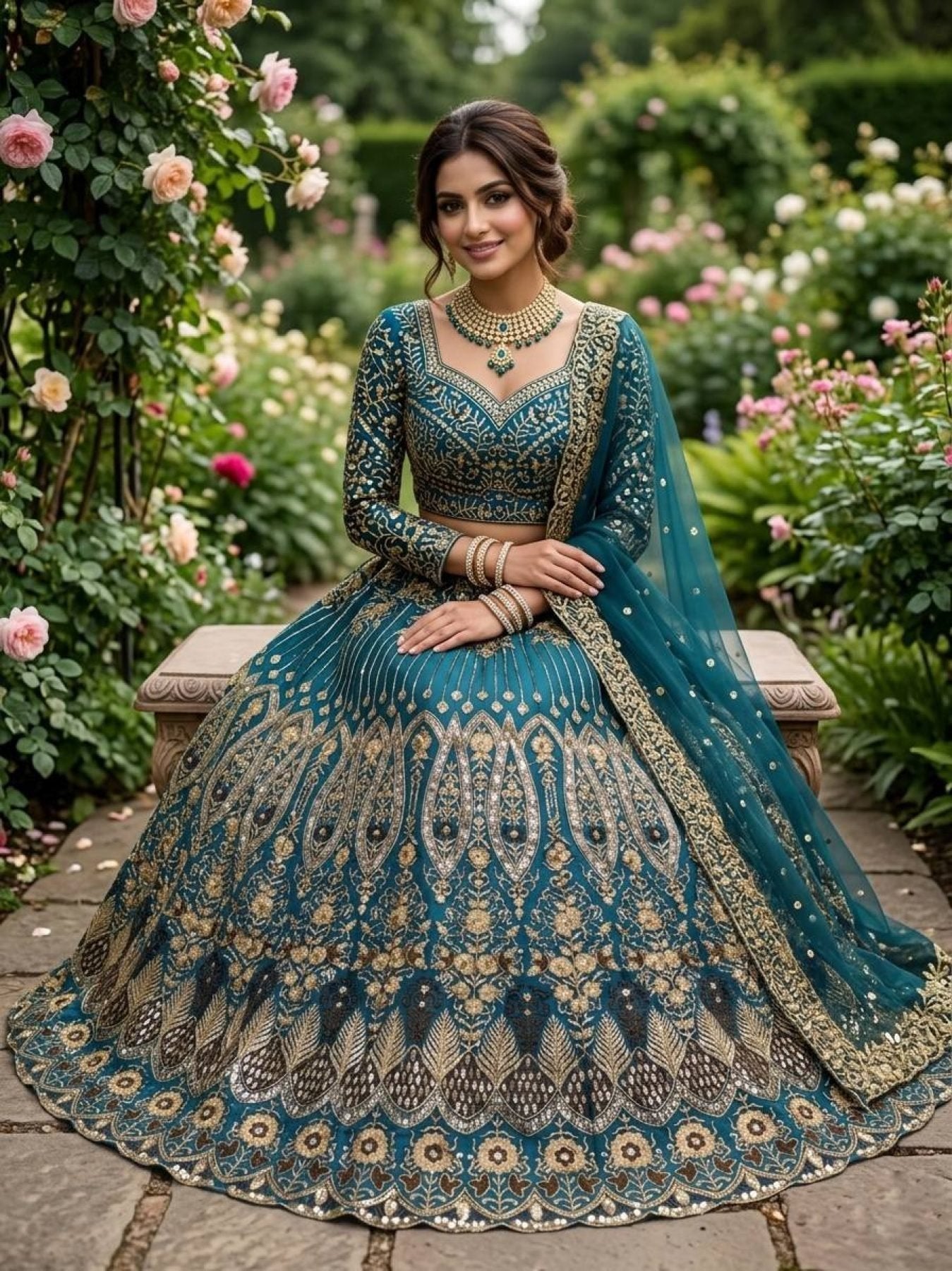 Teal Butterfly Net Lehenga with Embroidery Sequins Work