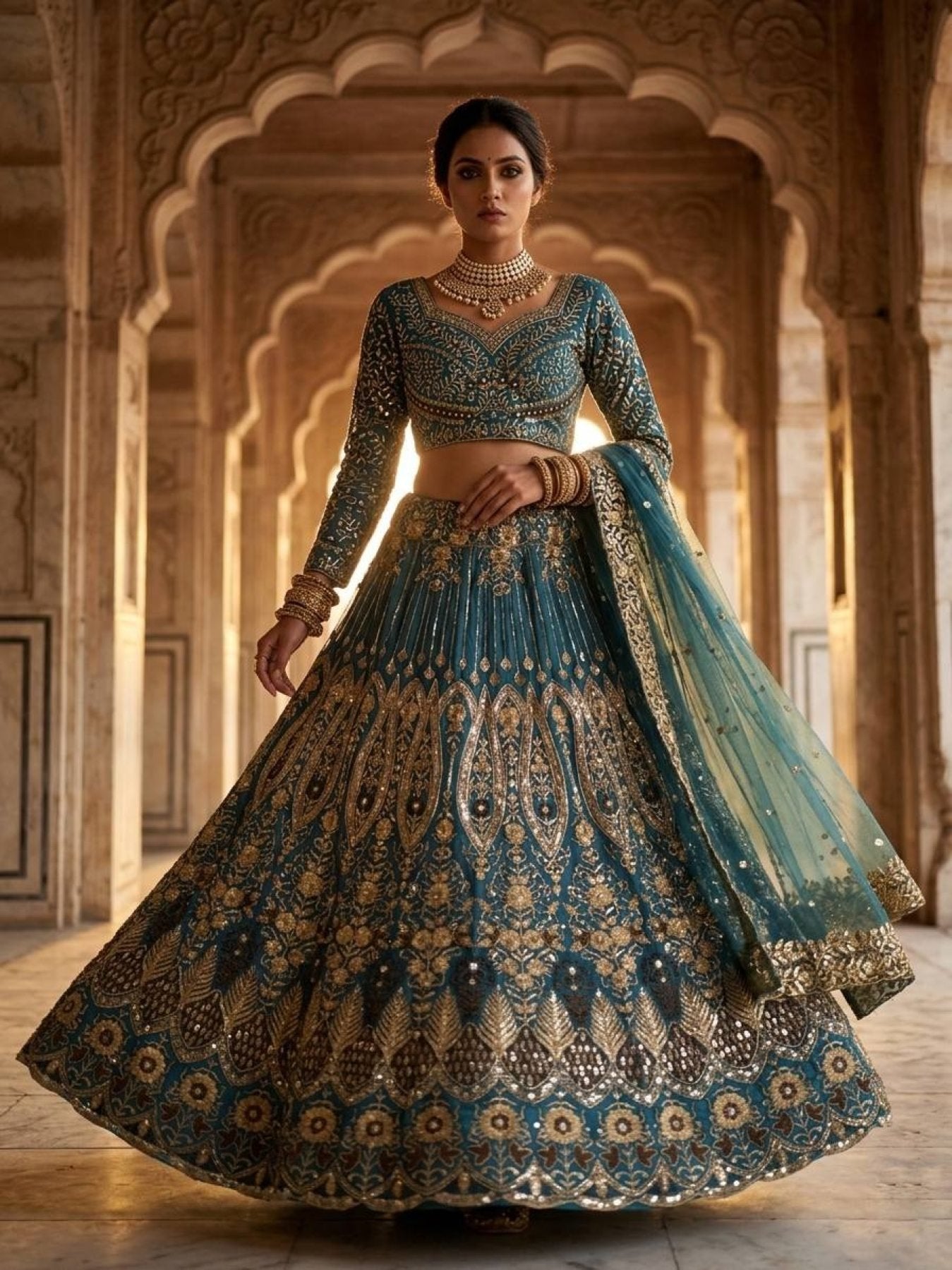 Teal Butterfly Net Lehenga with Embroidery Sequins Work