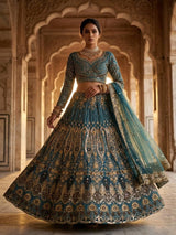 Teal Butterfly Net Lehenga with Embroidery Sequins Work