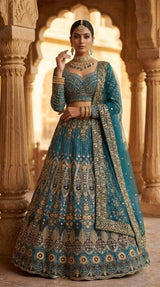 Teal Butterfly Net Lehenga with Embroidery Sequins Work