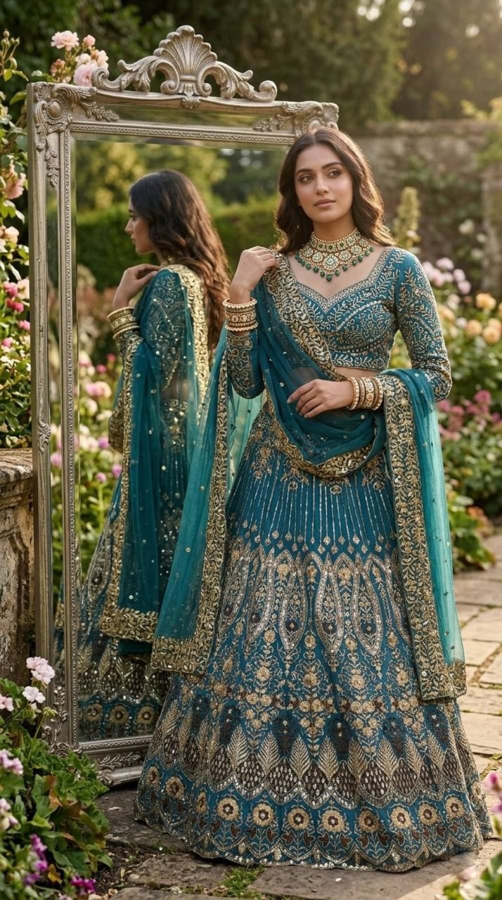 Teal Butterfly Net Lehenga with Embroidery Sequins Work