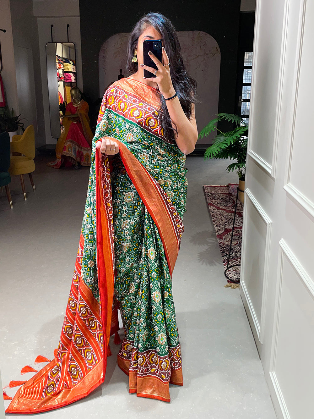 Green Color Patola Printed Dola Silk Saree