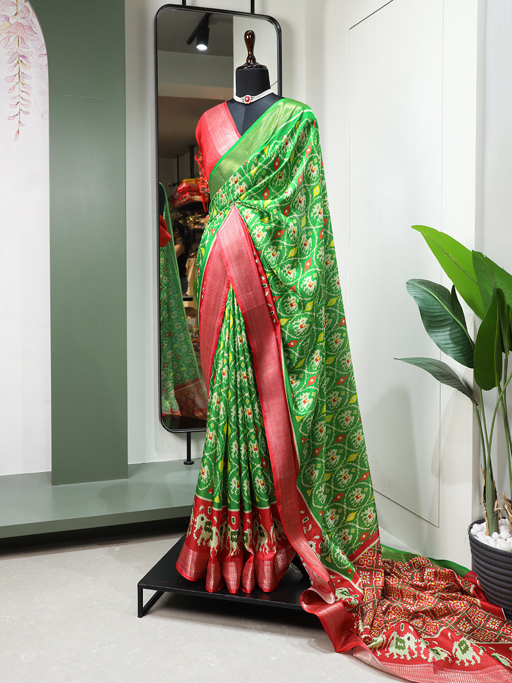 Parrot Color Digital Patola Printed Dola Silk Saree