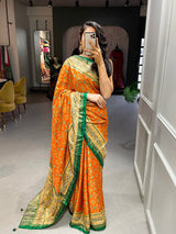 Orange Color Foil Printed And Stone Work Dola Silk Saree