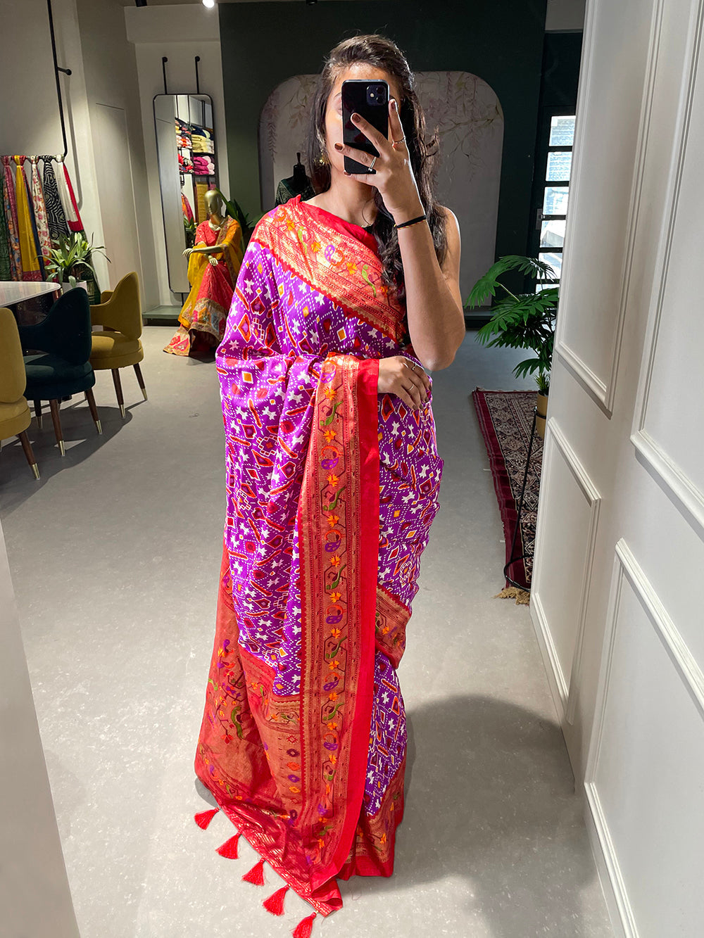 Purple Color Patola Paithani Printed with Foil Work Dola Silk Saree