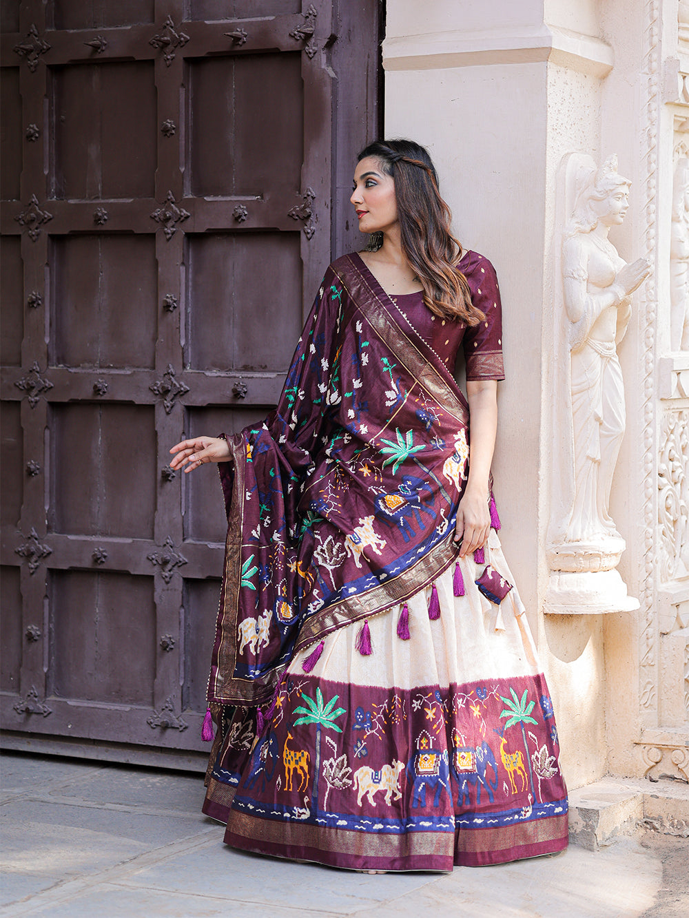 Wine Color Printed With Foil Work Dola Silk Lehenga Choli