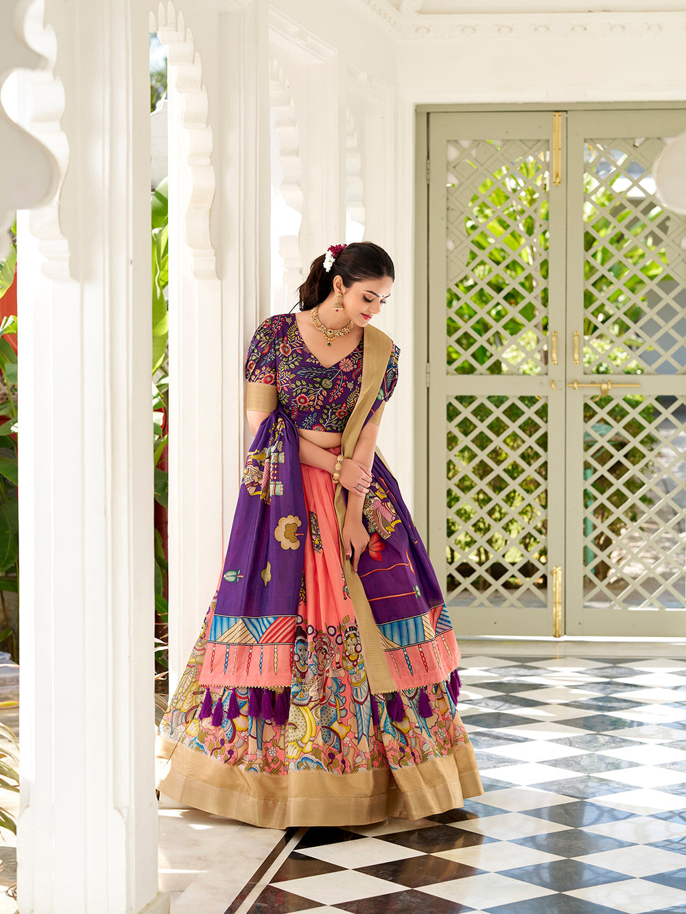 Peach dola silk kalamkari print lehenga with purple dupatta unstitched blouse