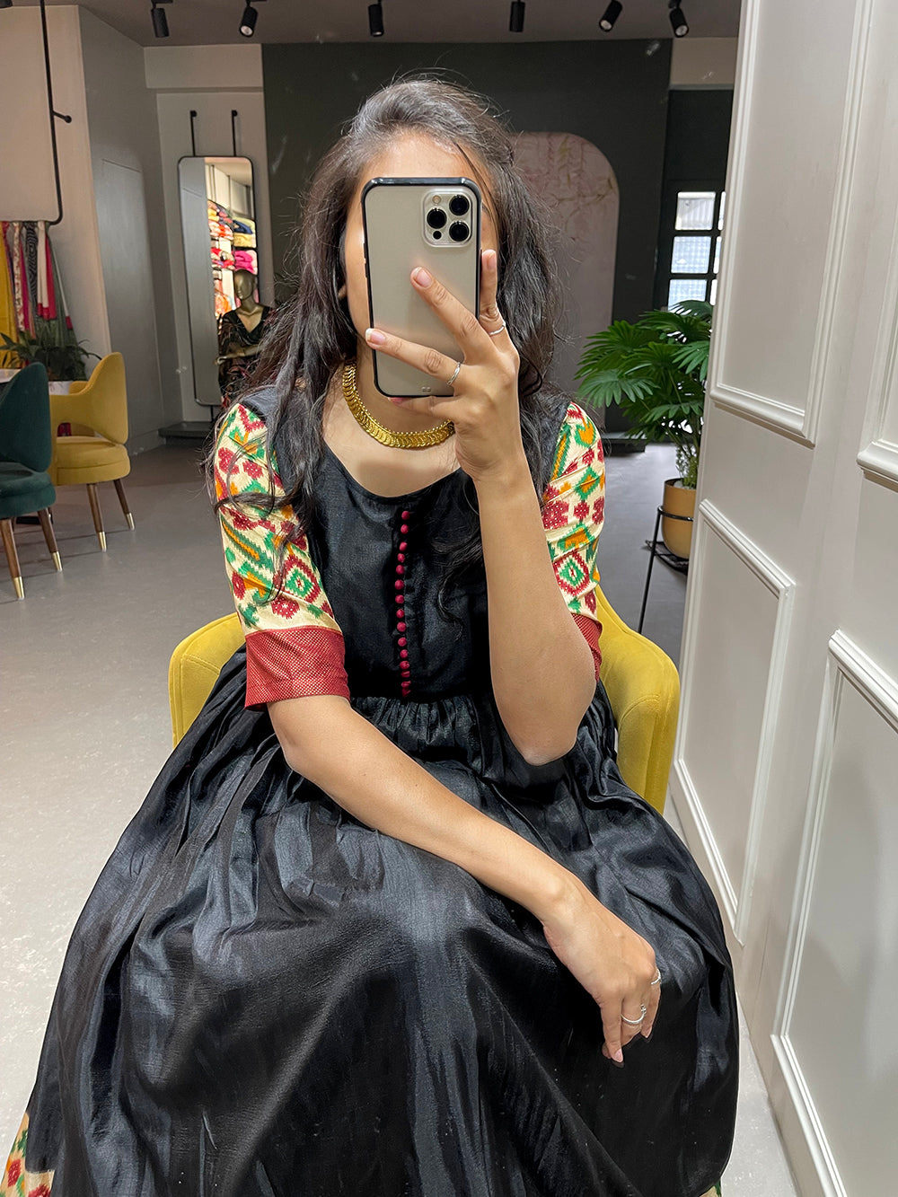 Black Color Foil Printed Dola Silk Gown