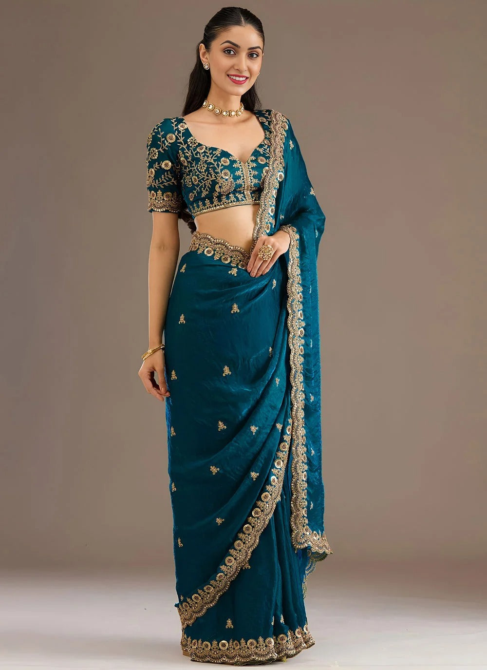 Ethereal dove blue party wear tissue saree with sequins dori zari embroidery