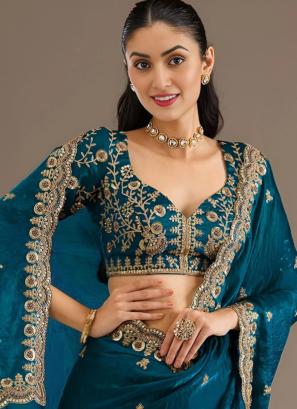 Ethereal dove blue party wear tissue saree with sequins dori zari embroidery