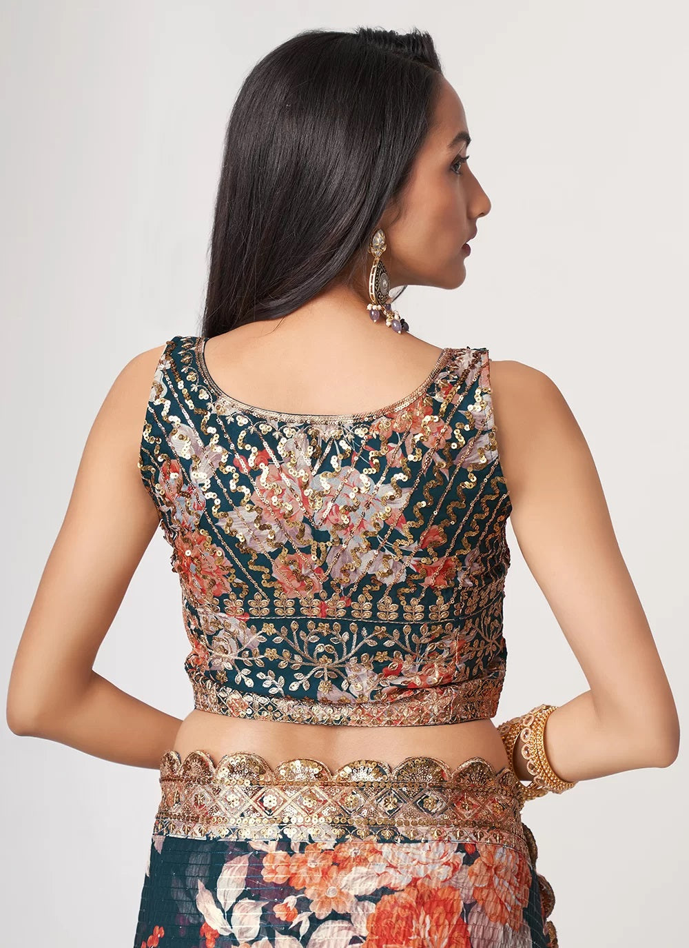 Dove blue organza sequins embroidered digital print saree