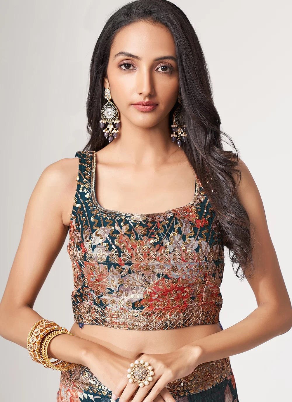 Dove blue organza sequins embroidered digital print saree