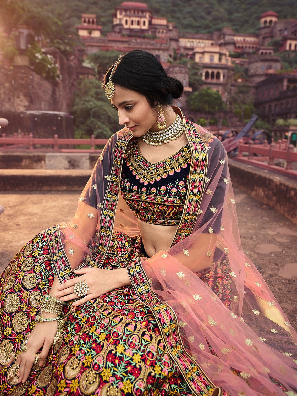 Navy Blue Thread With Mutli Sequins Work Semi Stitched Lehenga With Unstitched Blouse
