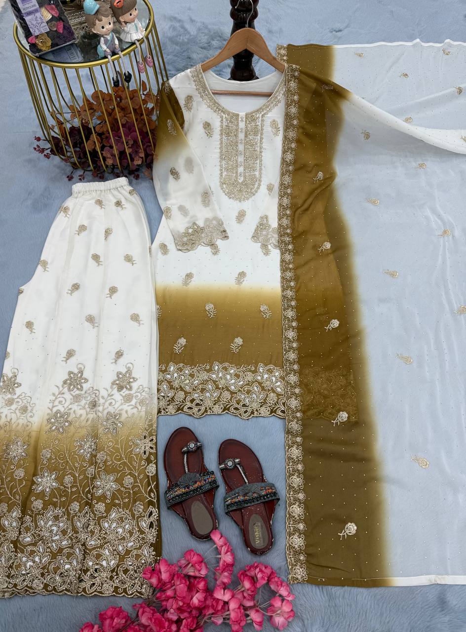 Dual Tone Embroidered Top Palazzo Set