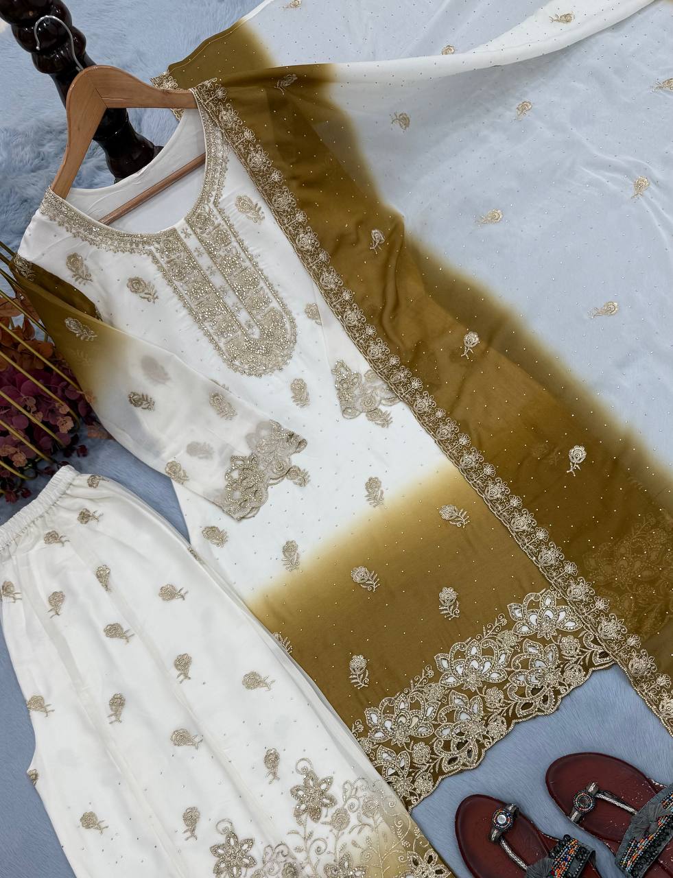 Dual Tone Embroidered Top Palazzo Set