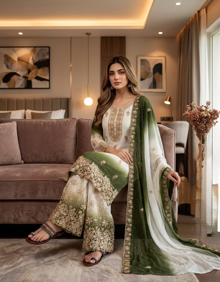Dual Tone Embroidered Top Palazzo Set