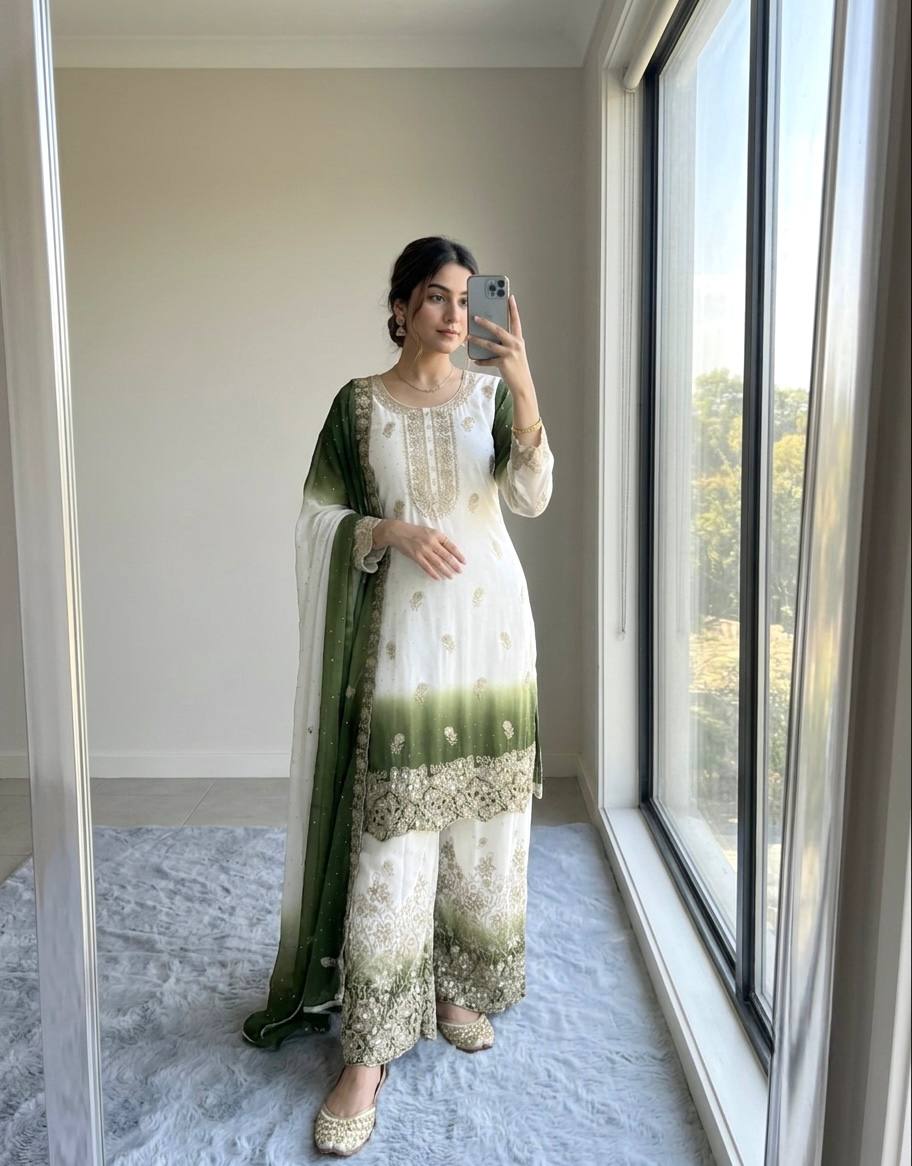 Dual Tone Embroidered Top Palazzo Set