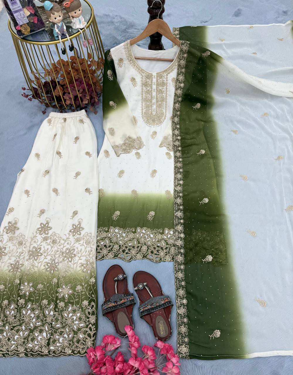 Dual Tone Embroidered Top Palazzo Set
