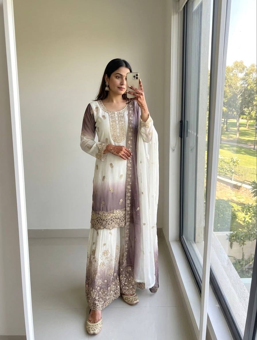 Dual Tone Embroidered Top Palazzo Set