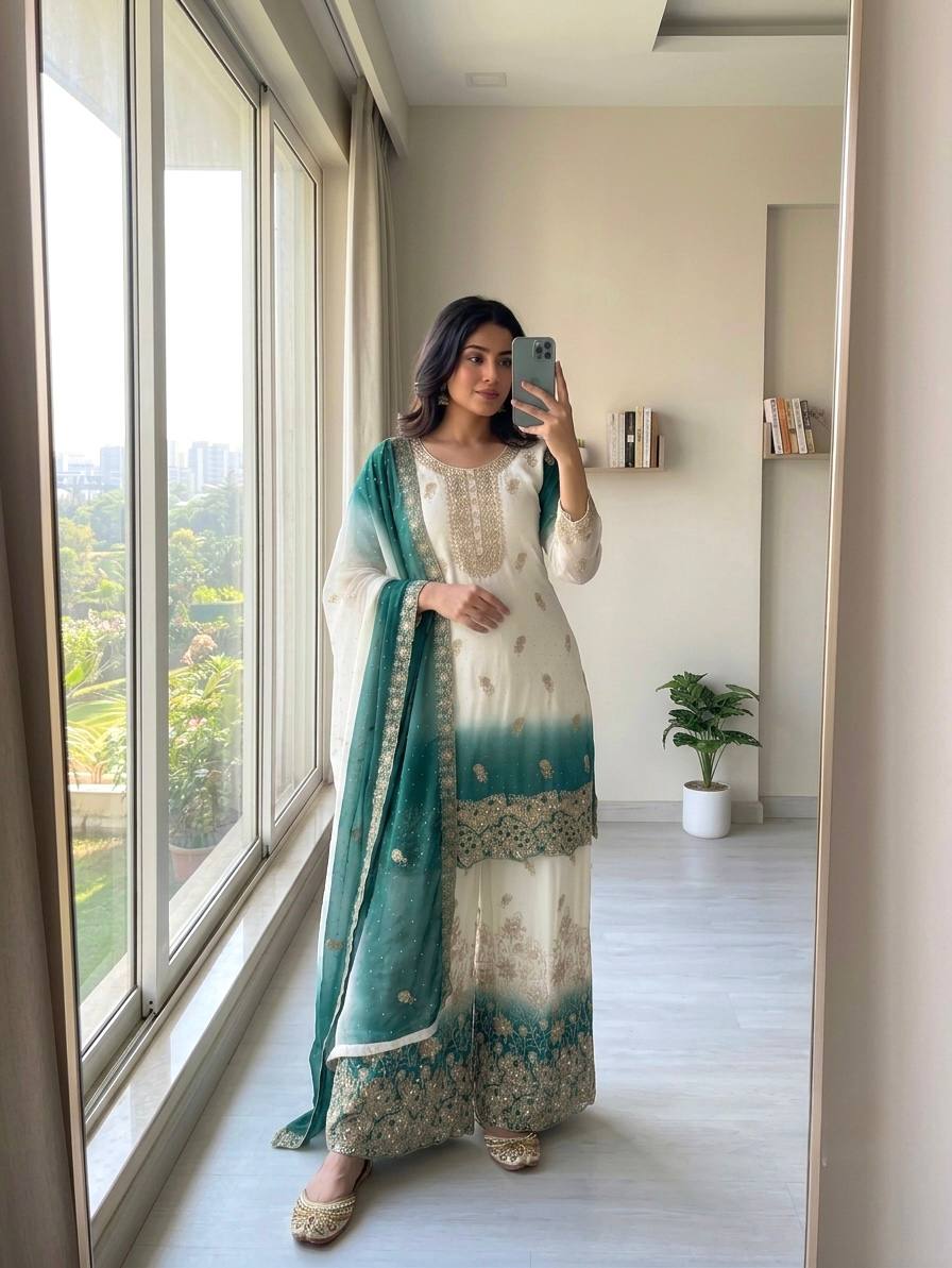 Dual Tone Embroidered Top Palazzo Set